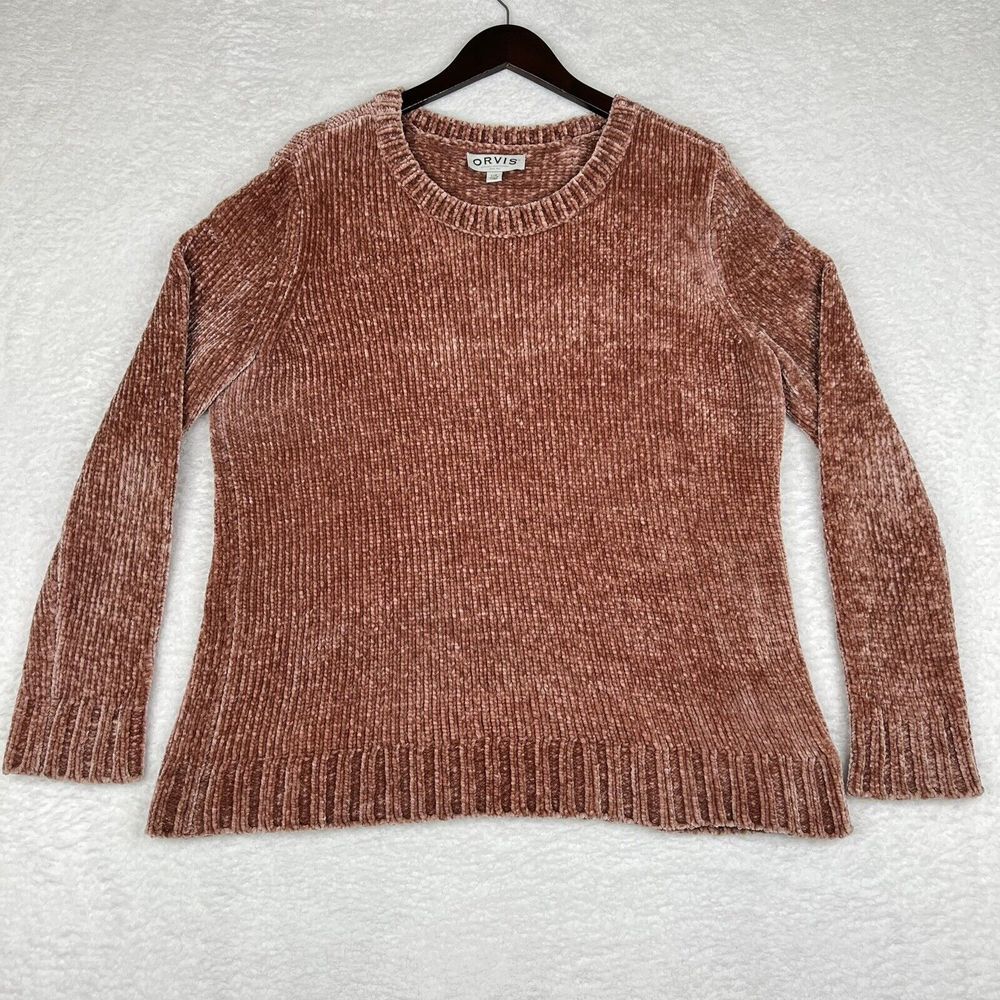 Orvis Sweater Womens Large Pink Chennille‎ Knit Long Sleeve Soft Stretch